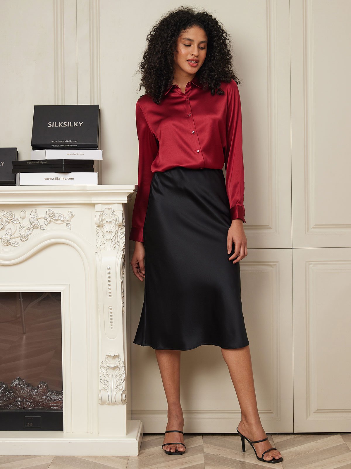 [Black] SilkSilky 19Momme Pure Silk Skirt 004