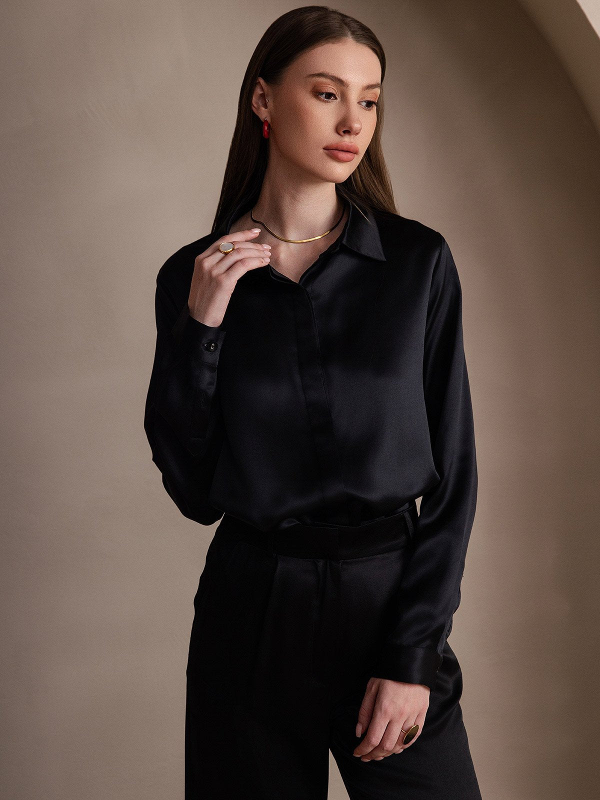 [Black] SilkSilky  19Momme Silk Lapel Collar Women's Shirt 001