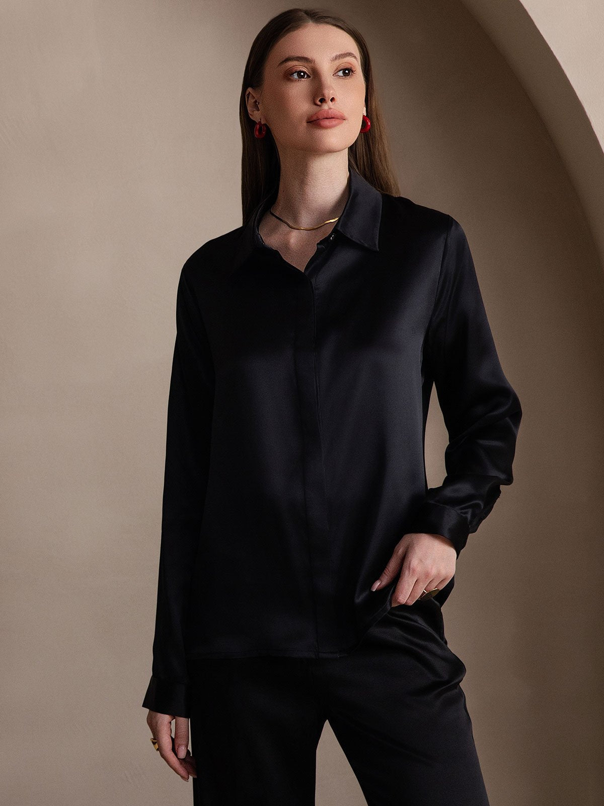 [Black] SilkSilky  19Momme Silk Lapel Collar Women's Shirt 003