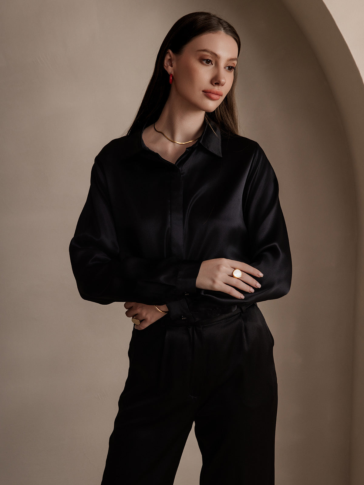 [Black] SilkSilky  19Momme Silk Lapel Collar Women's Shirt 003
