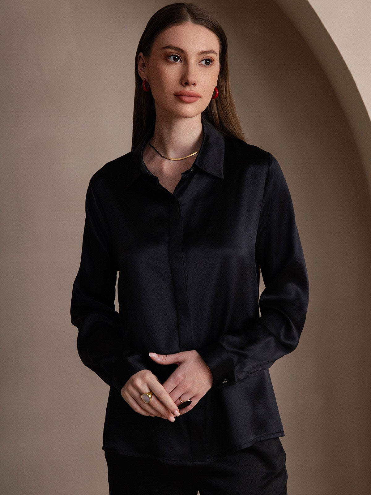 [Black] SilkSilky  19Momme Silk Lapel Collar Women's Shirt 004