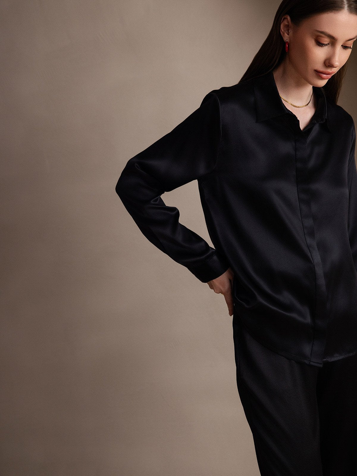 [Black] SilkSilky  19Momme Silk Lapel Collar Women's Shirt 005