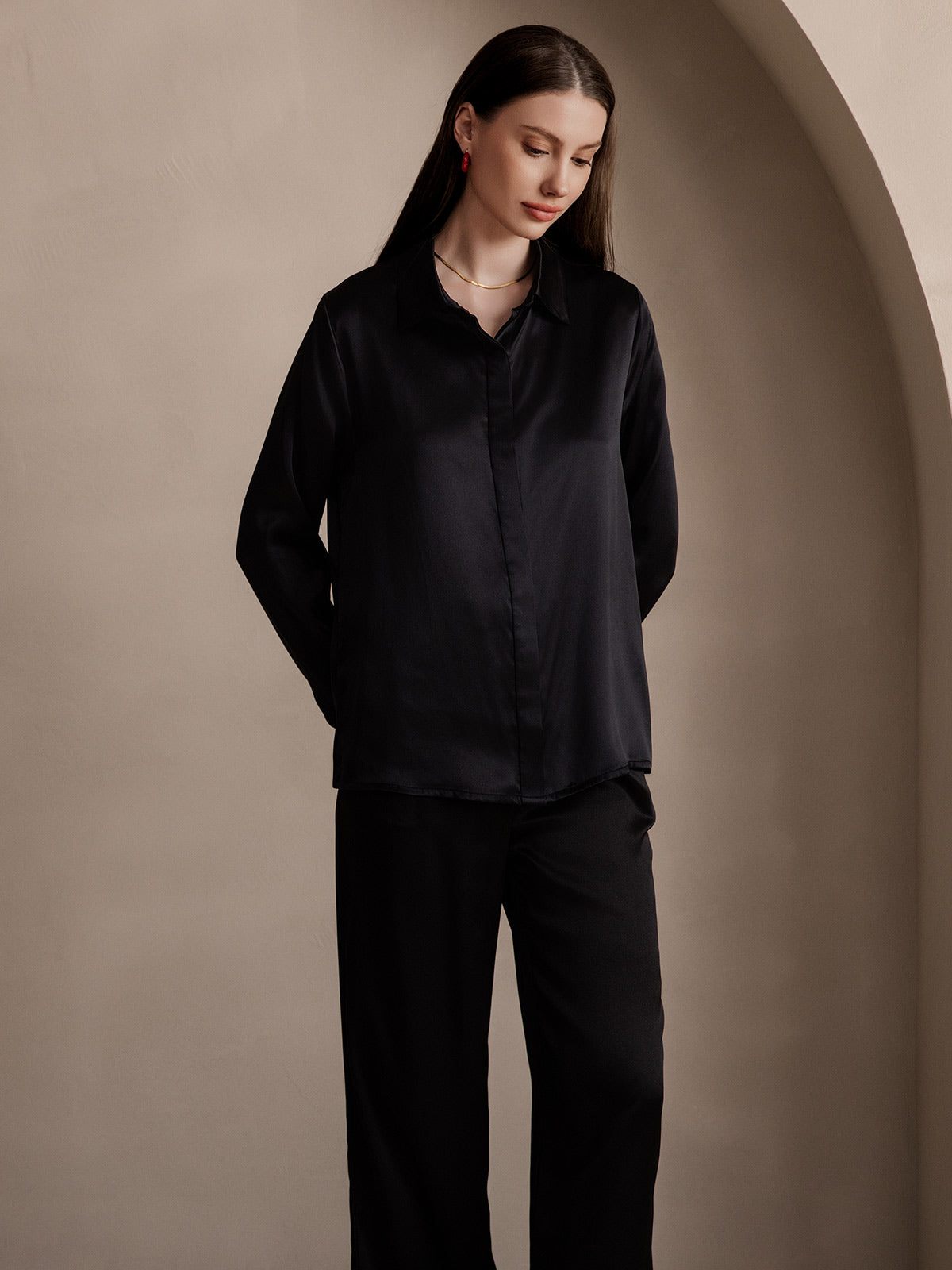 [Black] SilkSilky  19Momme Silk Lapel Collar Women's Shirt 005
