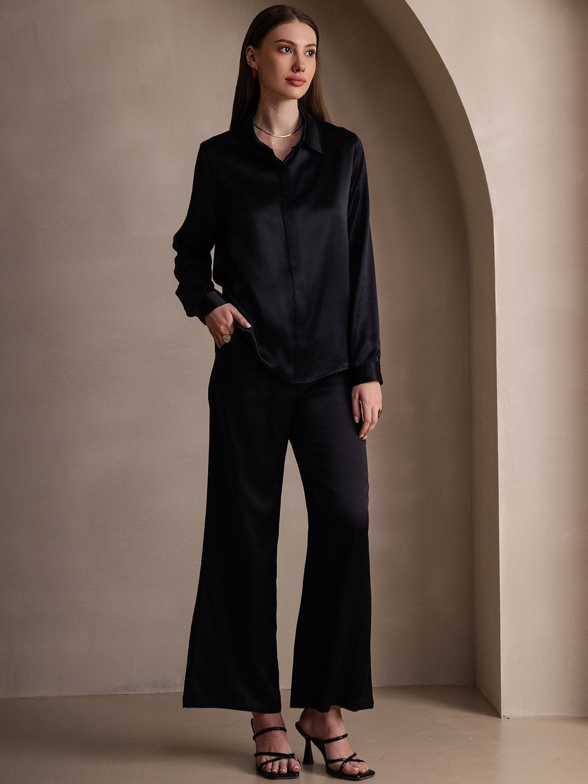 [Black] SilkSilky  19Momme Silk Lapel Collar Women's Shirt 006