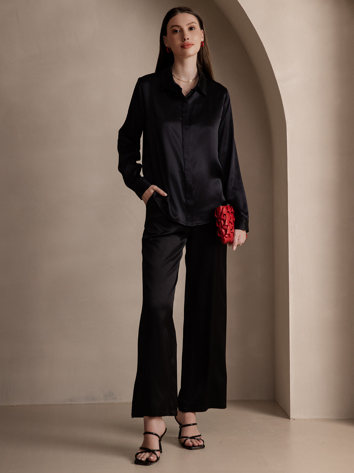 [Black] SilkSilky  19Momme Silk Lapel Collar Women's Shirt 007