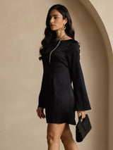 [Black] SilkSilky  Long Sleeve Boat Neck Dress 004