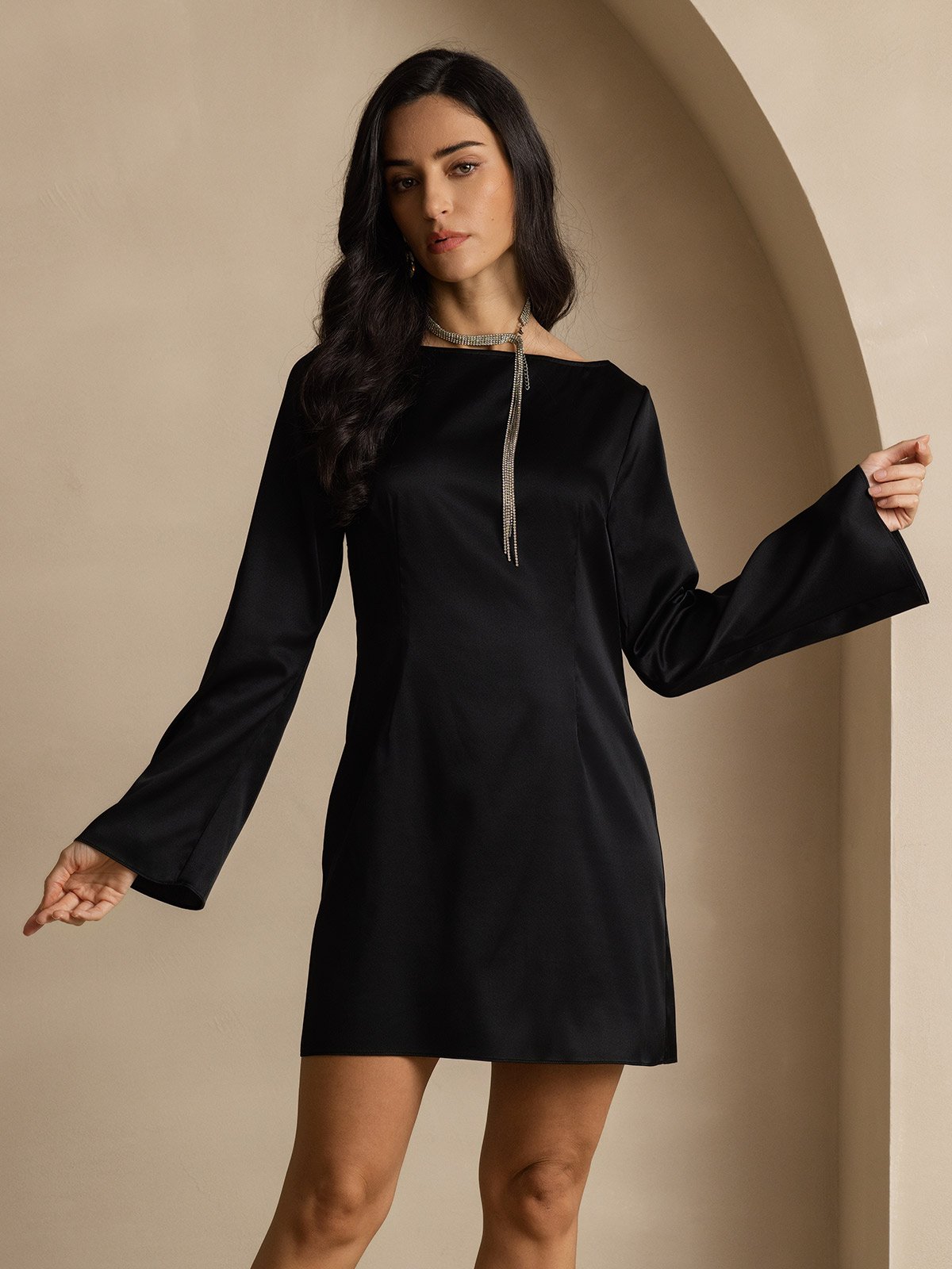 [Black] SilkSilky 19Momme Silk Long Sleeve Boat Neck Dress 006