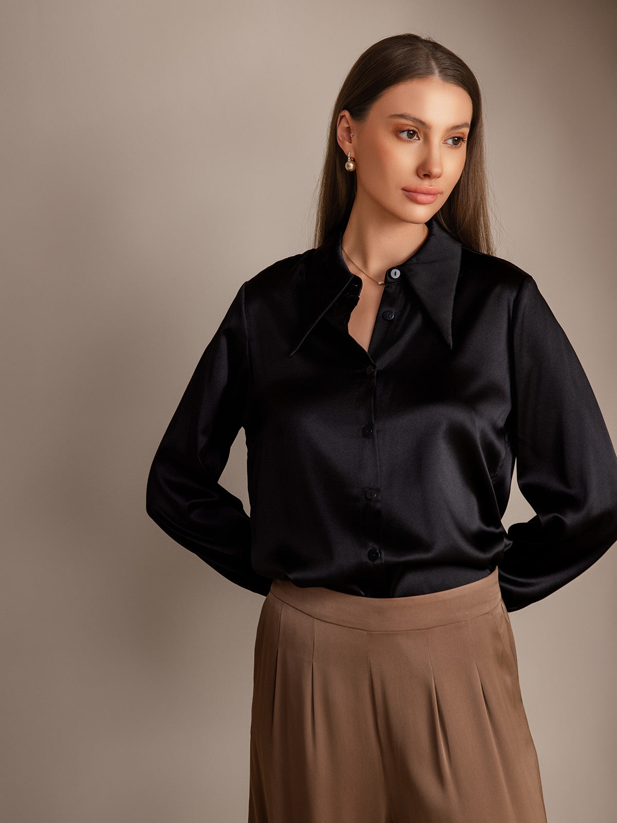 [Black] SilkSilky 19Momme Silk Long Sleeve Collar Women's Shirt 001