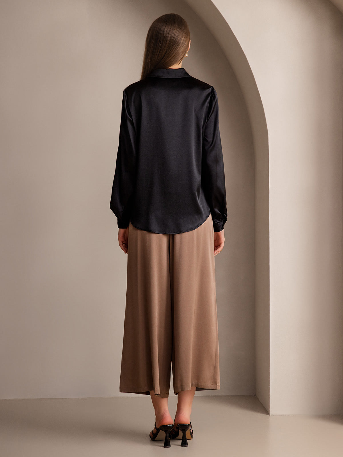 [Black] SilkSilky 19Momme Silk Long Sleeve Collar Women's Shirt 002