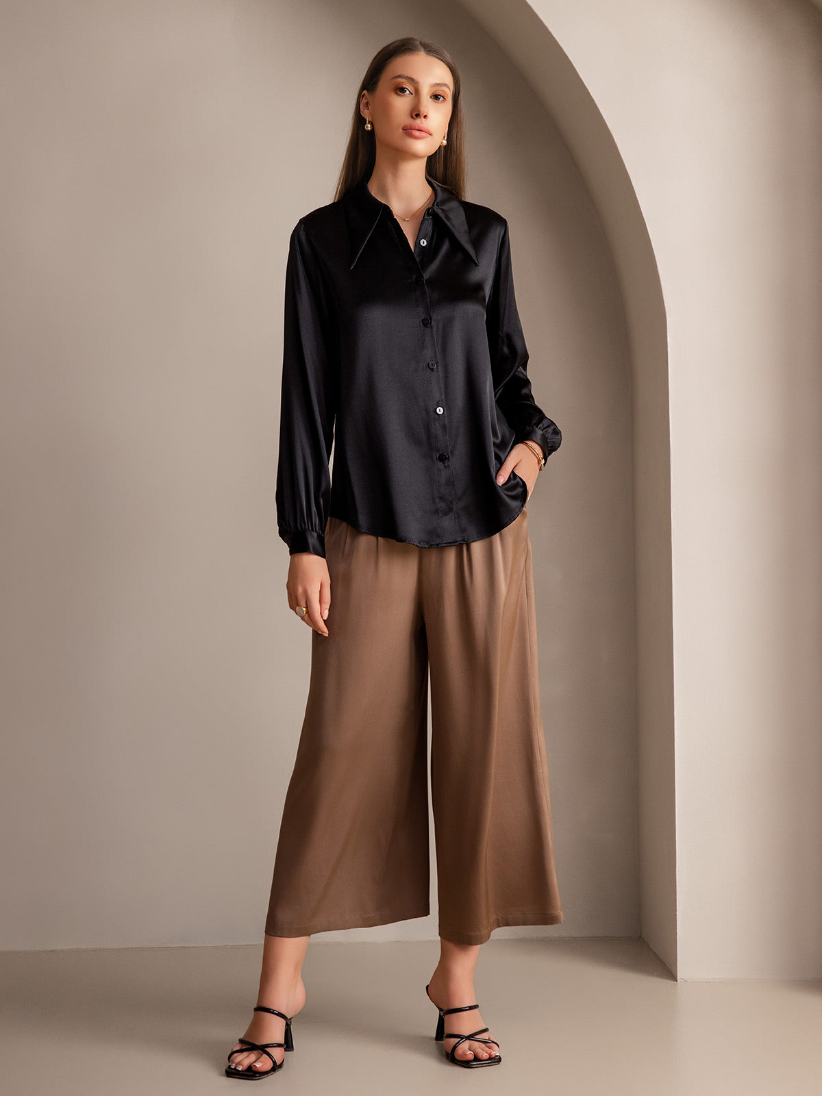 [Black] SilkSilky 19Momme Silk Long Sleeve Collar Women's Shirt 004