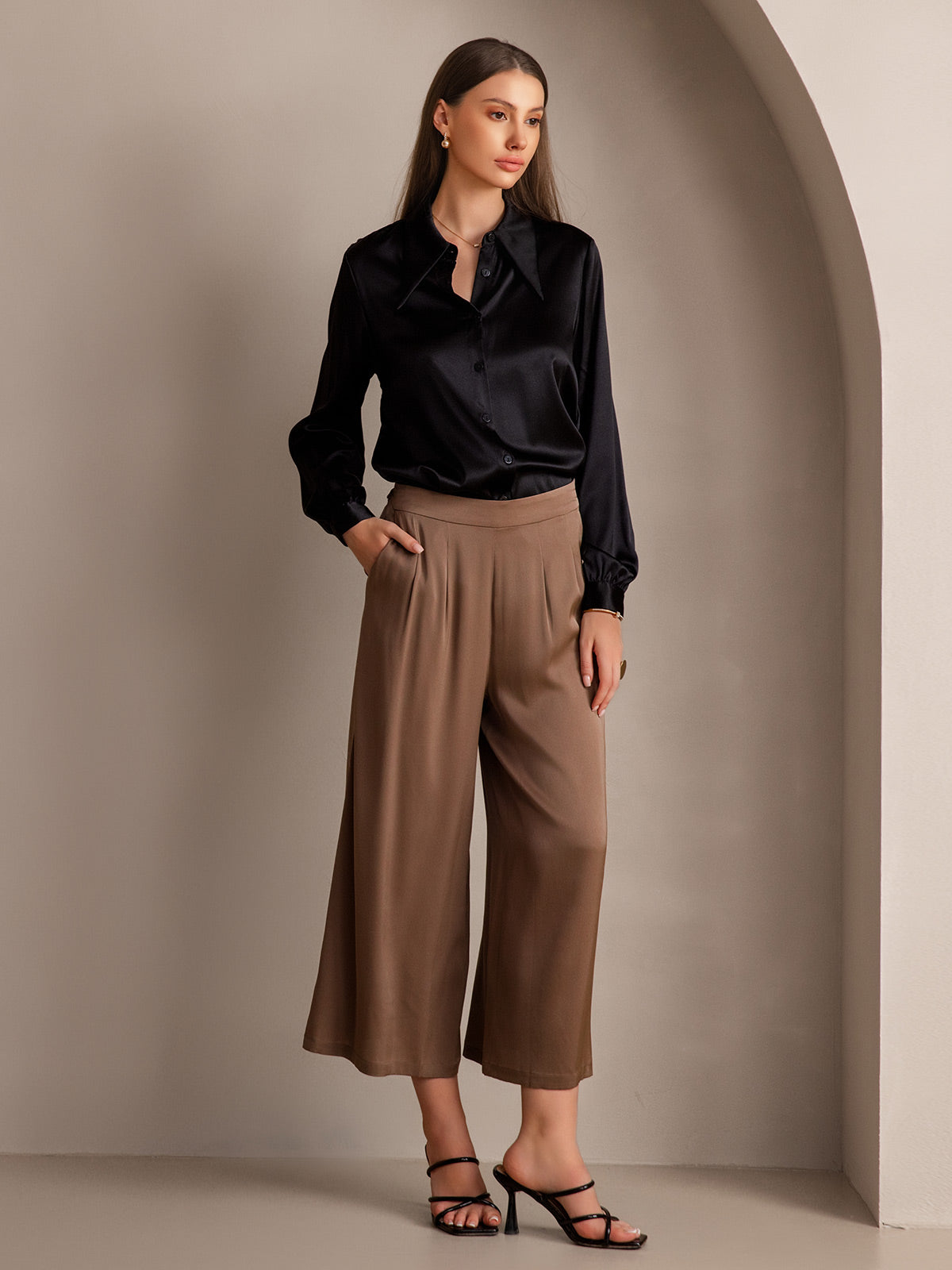 [Black] SilkSilky 19Momme Silk Long Sleeve Collar Women's Shirt 005