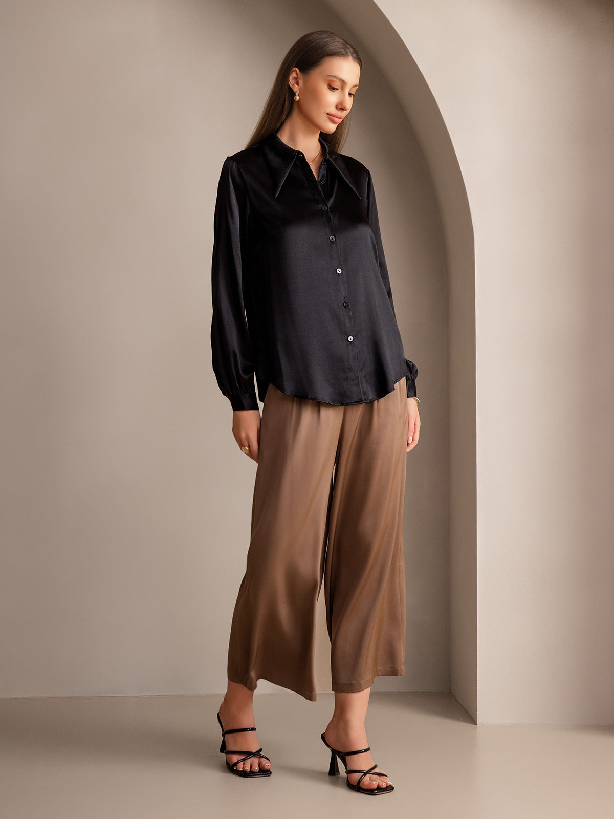 [Black] SilkSilky 19Momme Silk Long Sleeve Collar Women's Shirt 006