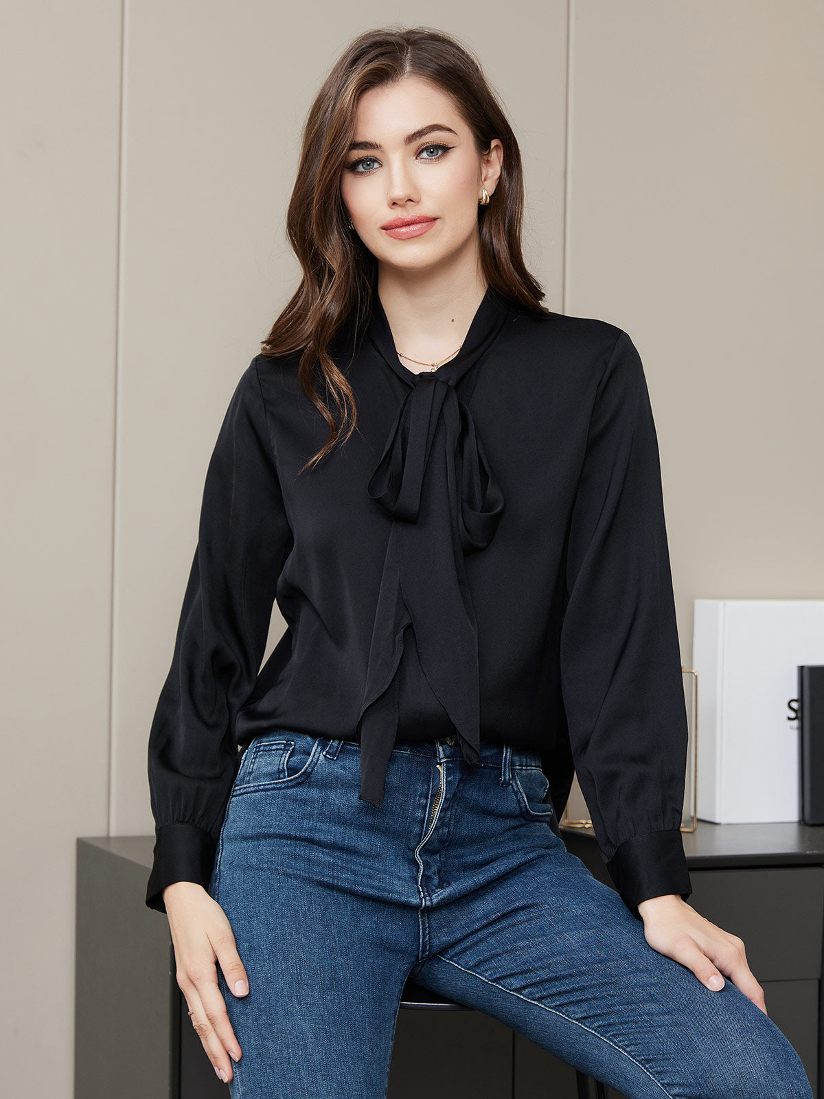 [Black] SilkSilky 19Momme Silk Long Sleeve Tie Neck Women's Shirt 003