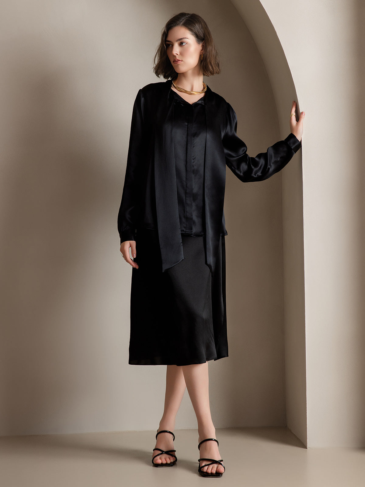 [Black] SilkSilky 19Momme Silk Long Sleeve Tie Neck Women's Shirt 007