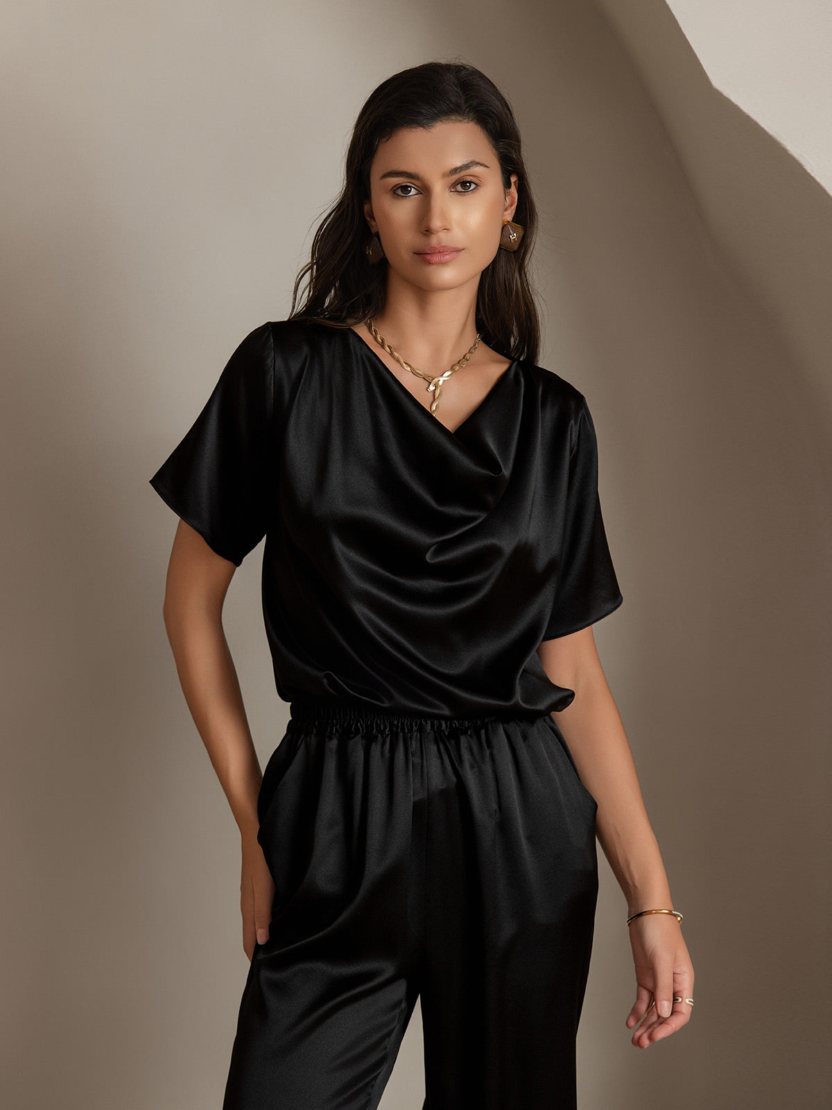[Black] SilkSilky 19Momme Silk Short Sleeve Cowl Neck Women's T-Shirt 001