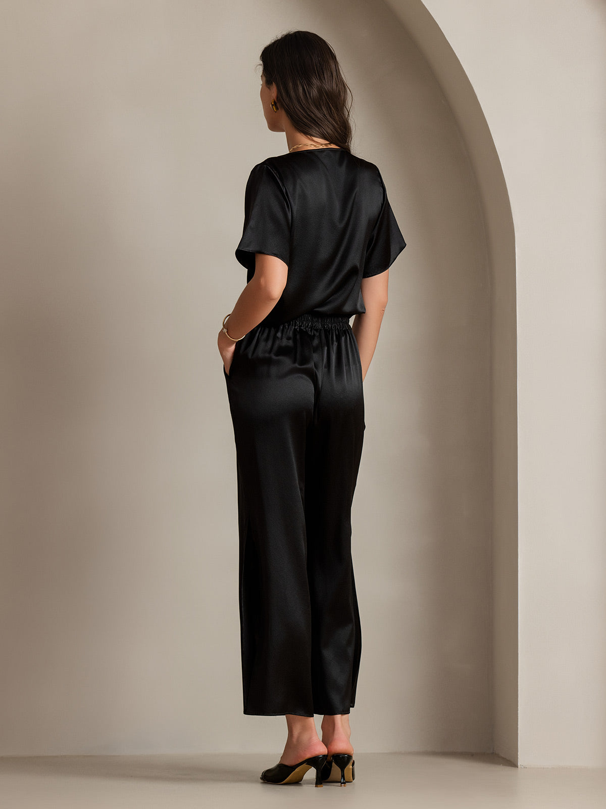 [Black] SilkSilky 19Momme Silk Short Sleeve Cowl Neck Women's T-Shirt 002