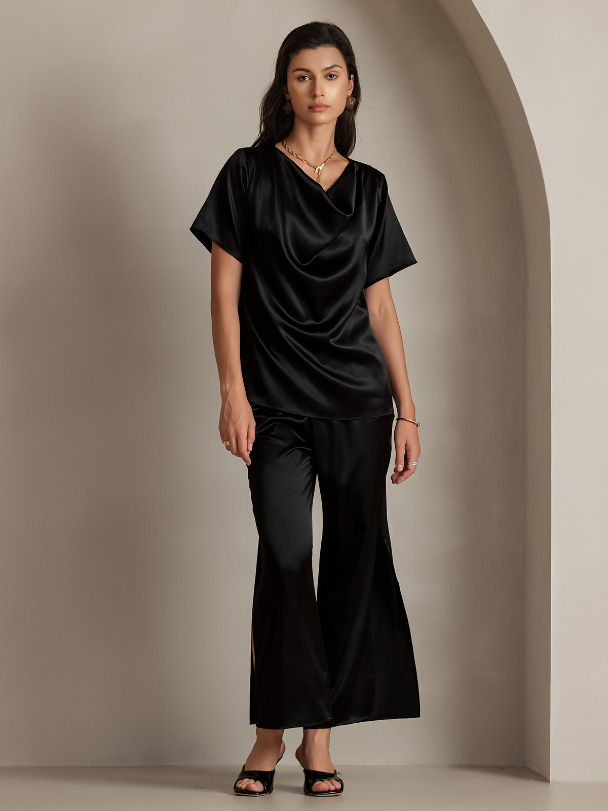 [Black] SilkSilky 19Momme Silk Short Sleeve Cowl Neck Women's T-Shirt 003