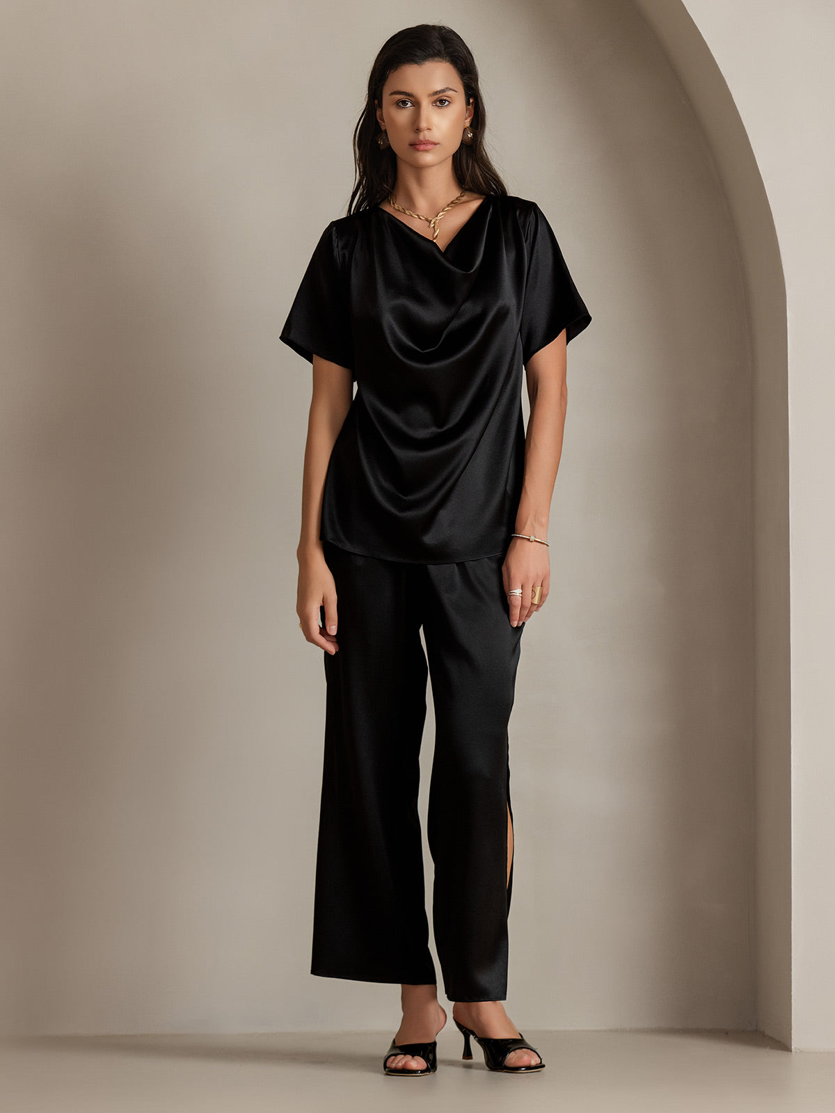 [Black] SilkSilky 19Momme Silk Short Sleeve Cowl Neck Women's T-Shirt 004