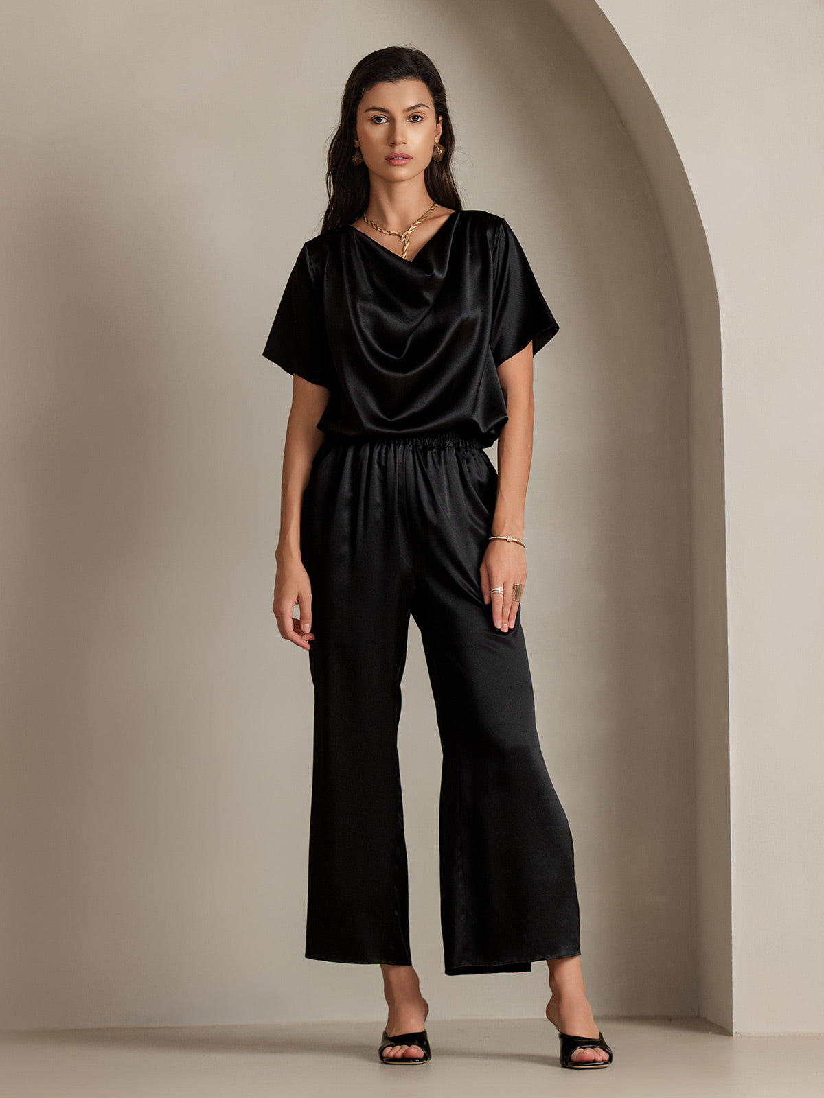 [Black] SilkSilky 19Momme Silk Short Sleeve Cowl Neck Women's T-Shirt 005