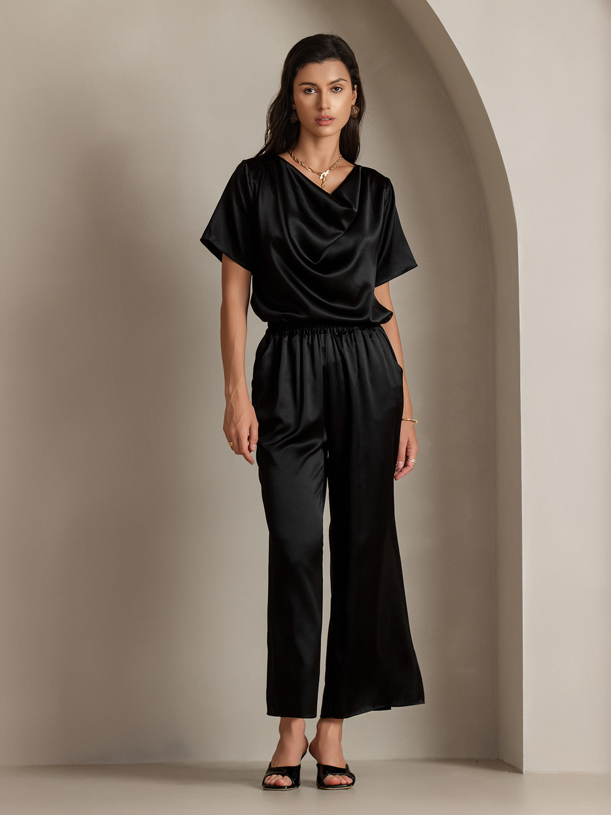 [Black] SilkSilky 19Momme Silk Short Sleeve Cowl Neck Women's T-Shirt 006