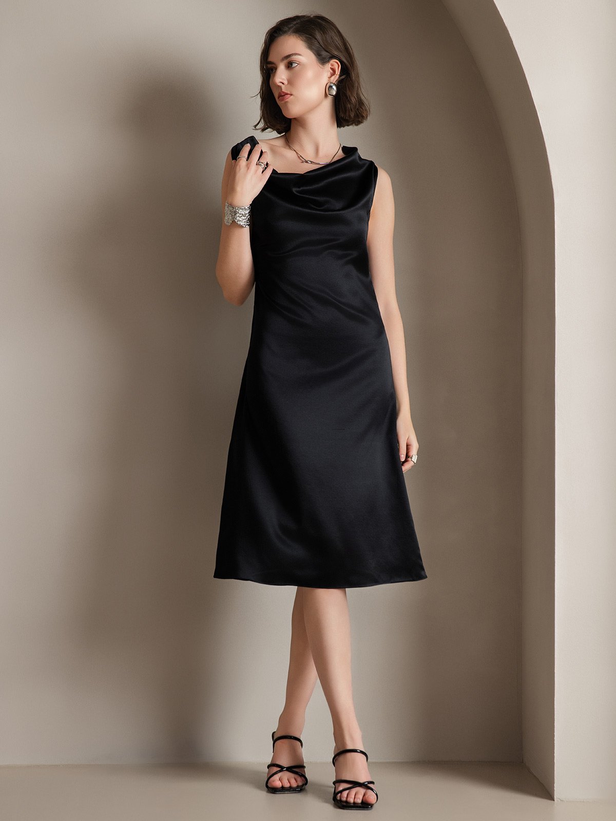 [Black] SilkSilky  19Momme Silk Sleeveless Cowl Neck Dress 001