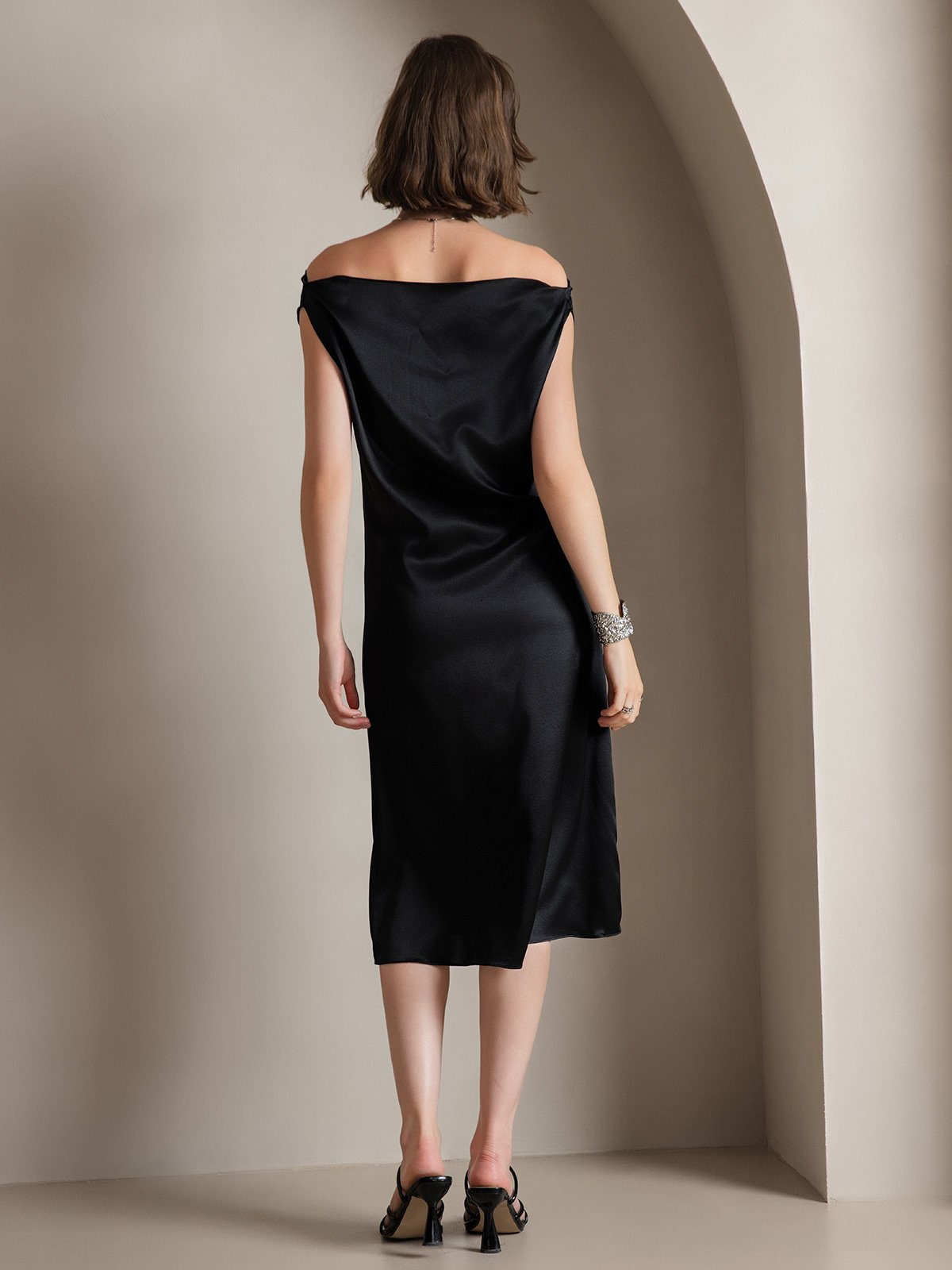 [Black] SilkSilky  19Momme Silk Sleeveless Cowl Neck Dress 002