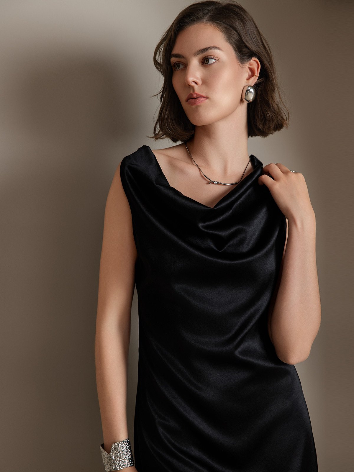 [Black] SilkSilky  19Momme Silk Sleeveless Cowl Neck Dress 003