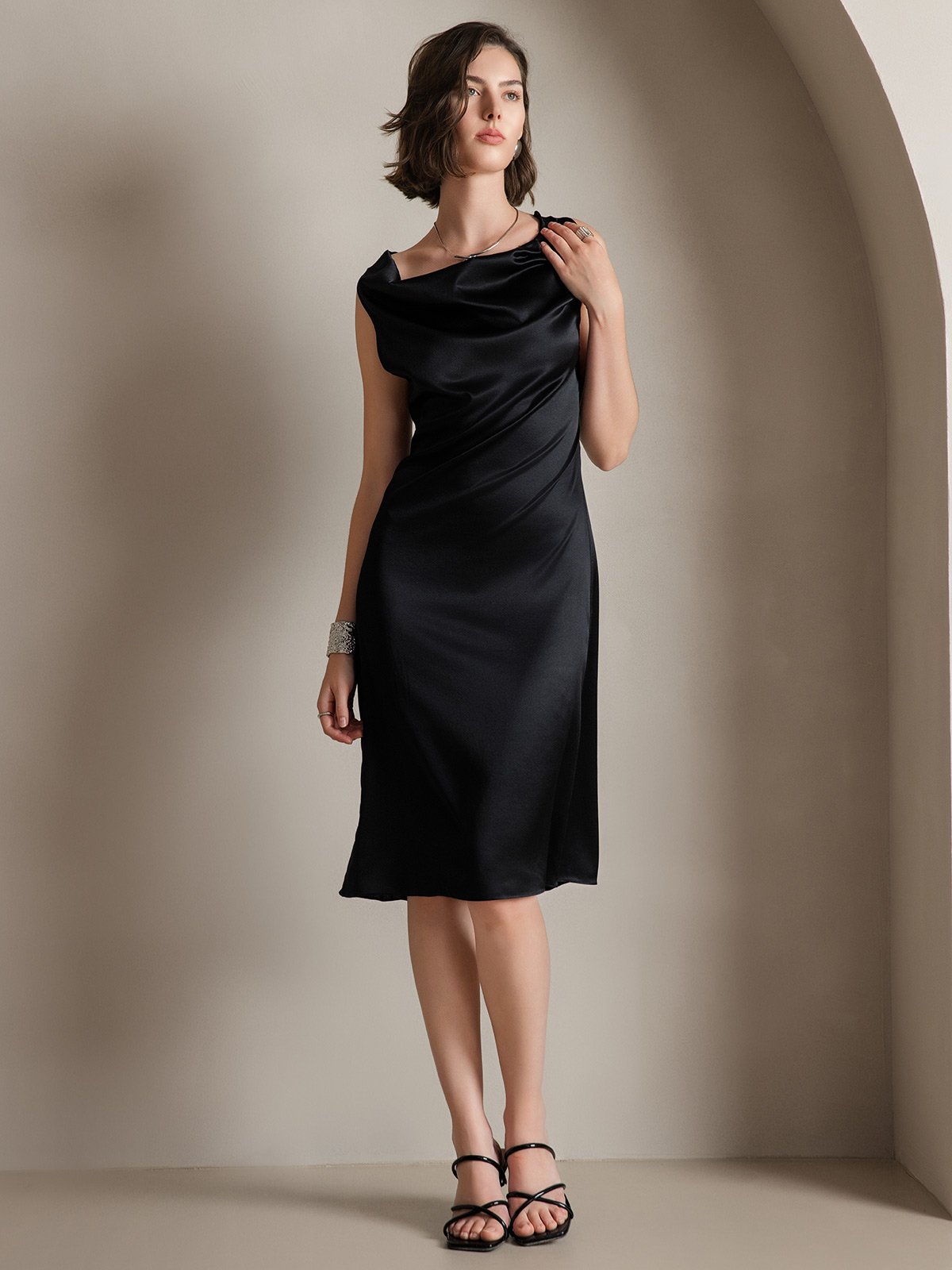 [Black] SilkSilky  19Momme Silk Sleeveless Cowl Neck Dress 005