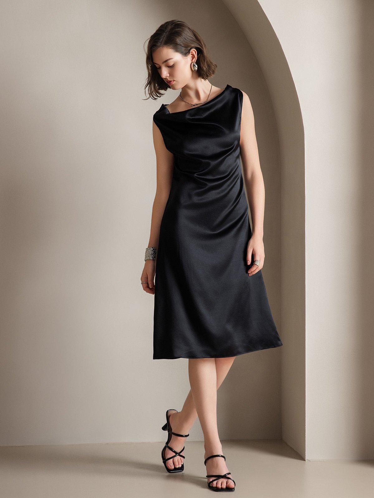 [Black] SilkSilky  19Momme Silk Sleeveless Cowl Neck Dress 006