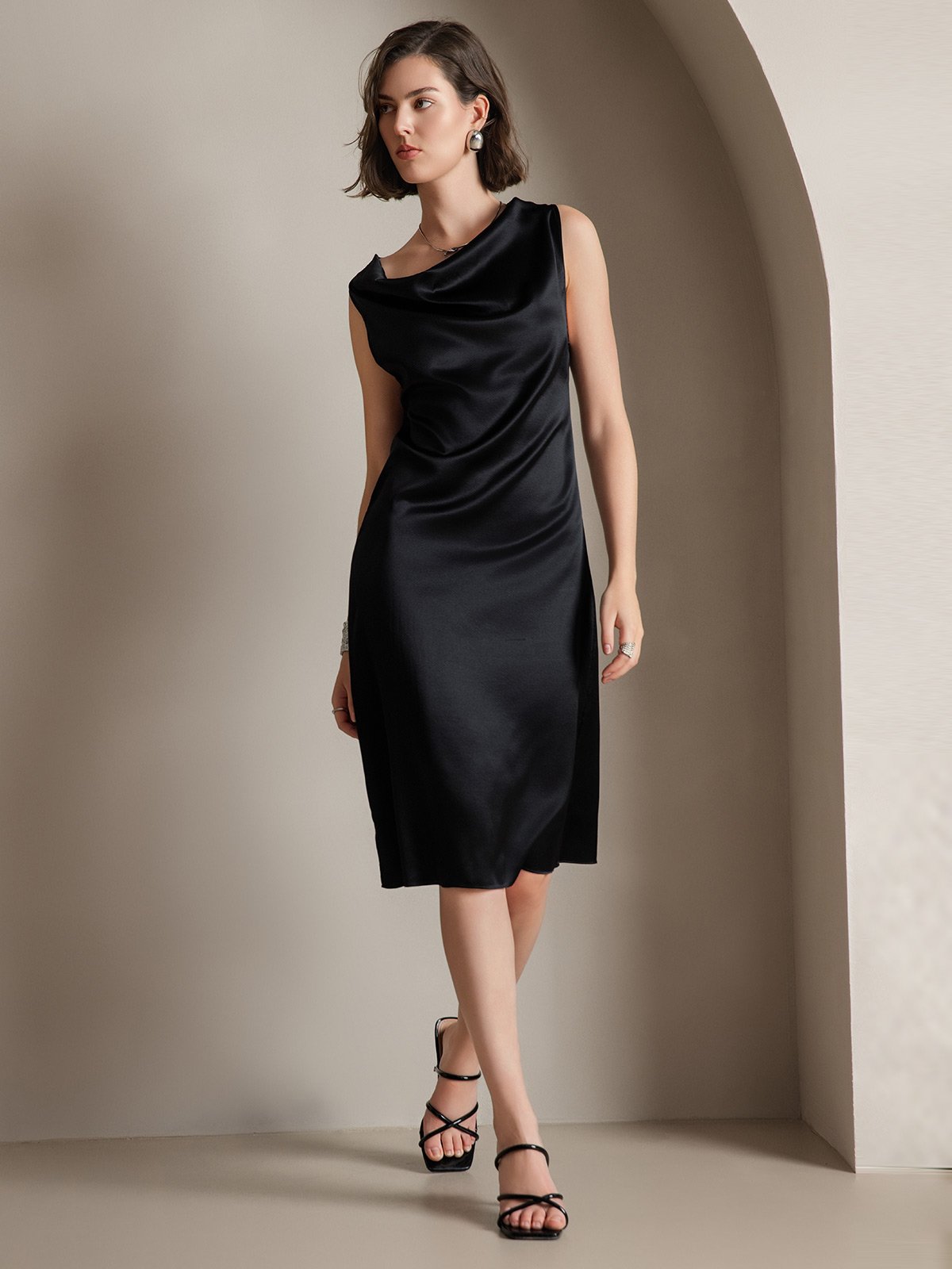 [Black] SilkSilky  19Momme Silk Sleeveless Cowl Neck Dress 007