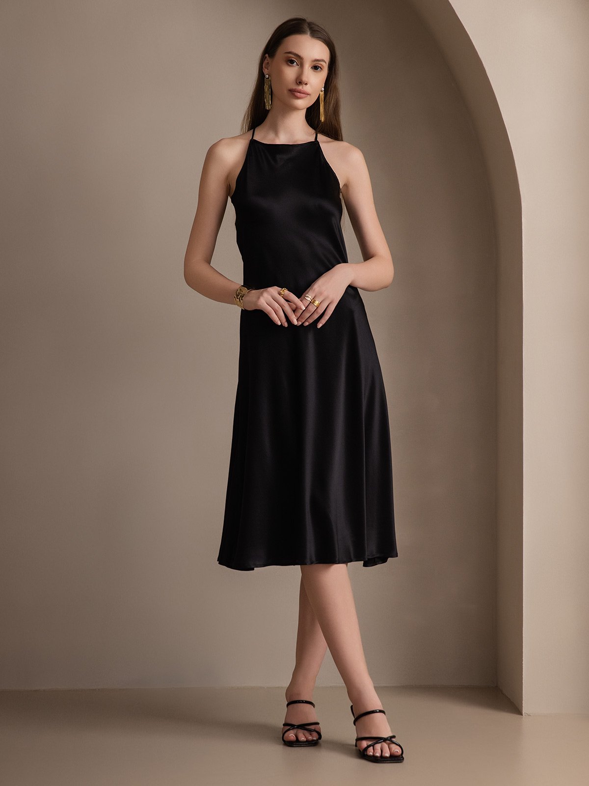 [Black] SilkSilky 19Momme Silk Sleeveless Dress 001