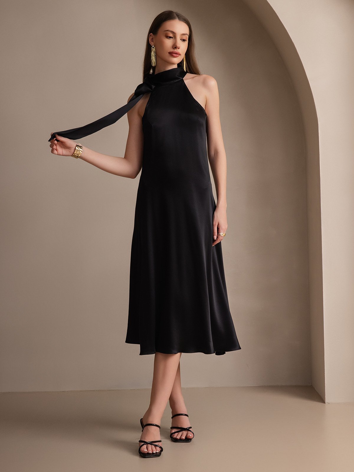 [Black] SilkSilky 19Momme Silk Sleeveless Tie Neck Dress 001