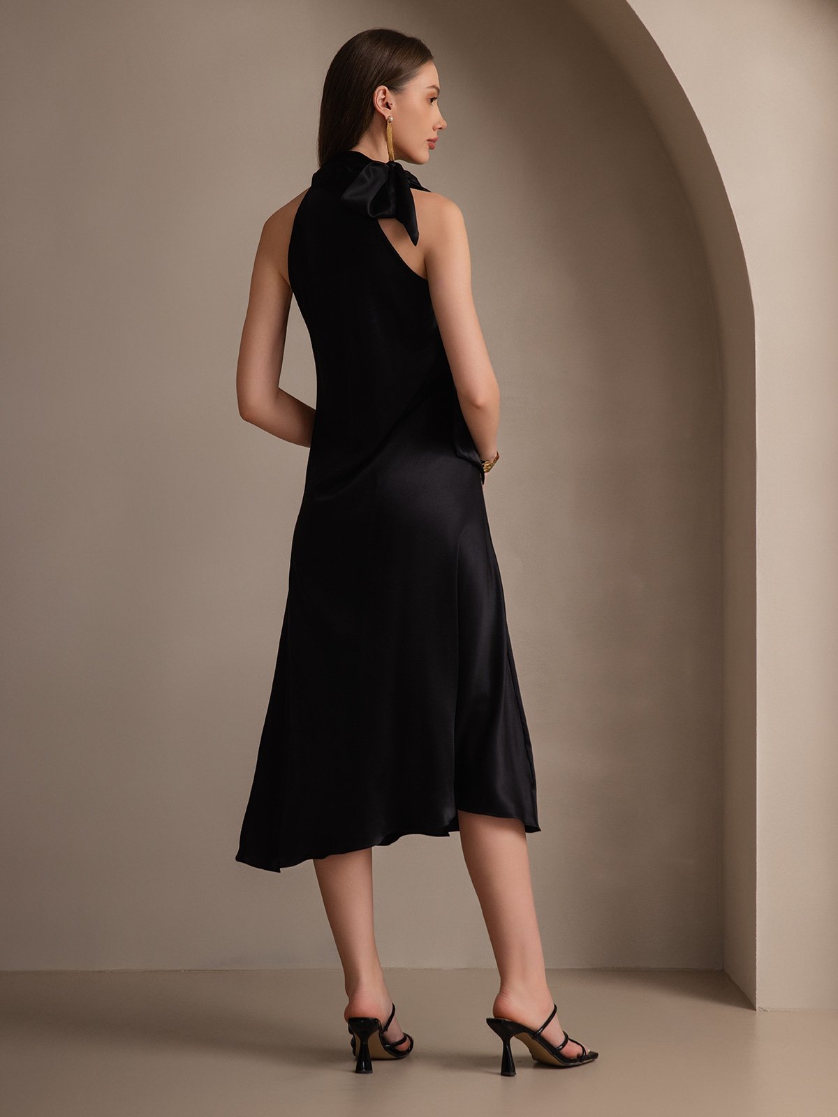 [Black] SilkSilky 19Momme Silk Sleeveless Tie Neck Dress 002