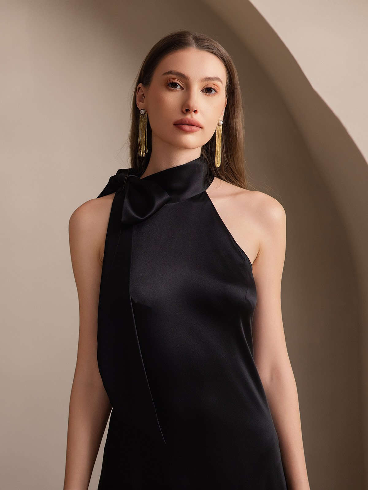 [Black] SilkSilky 19Momme Silk Sleeveless Tie Neck Dress 003