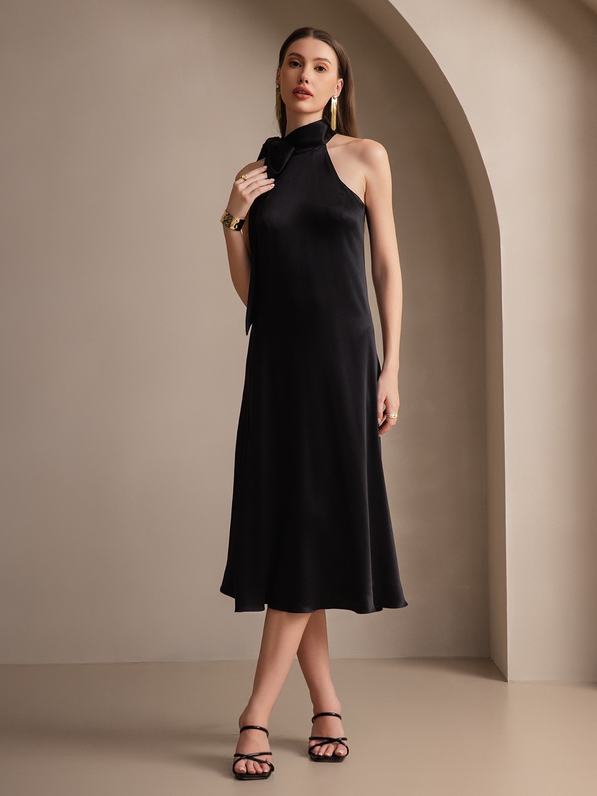 [Black] SilkSilky 19Momme Silk Sleeveless Tie Neck Dress 004