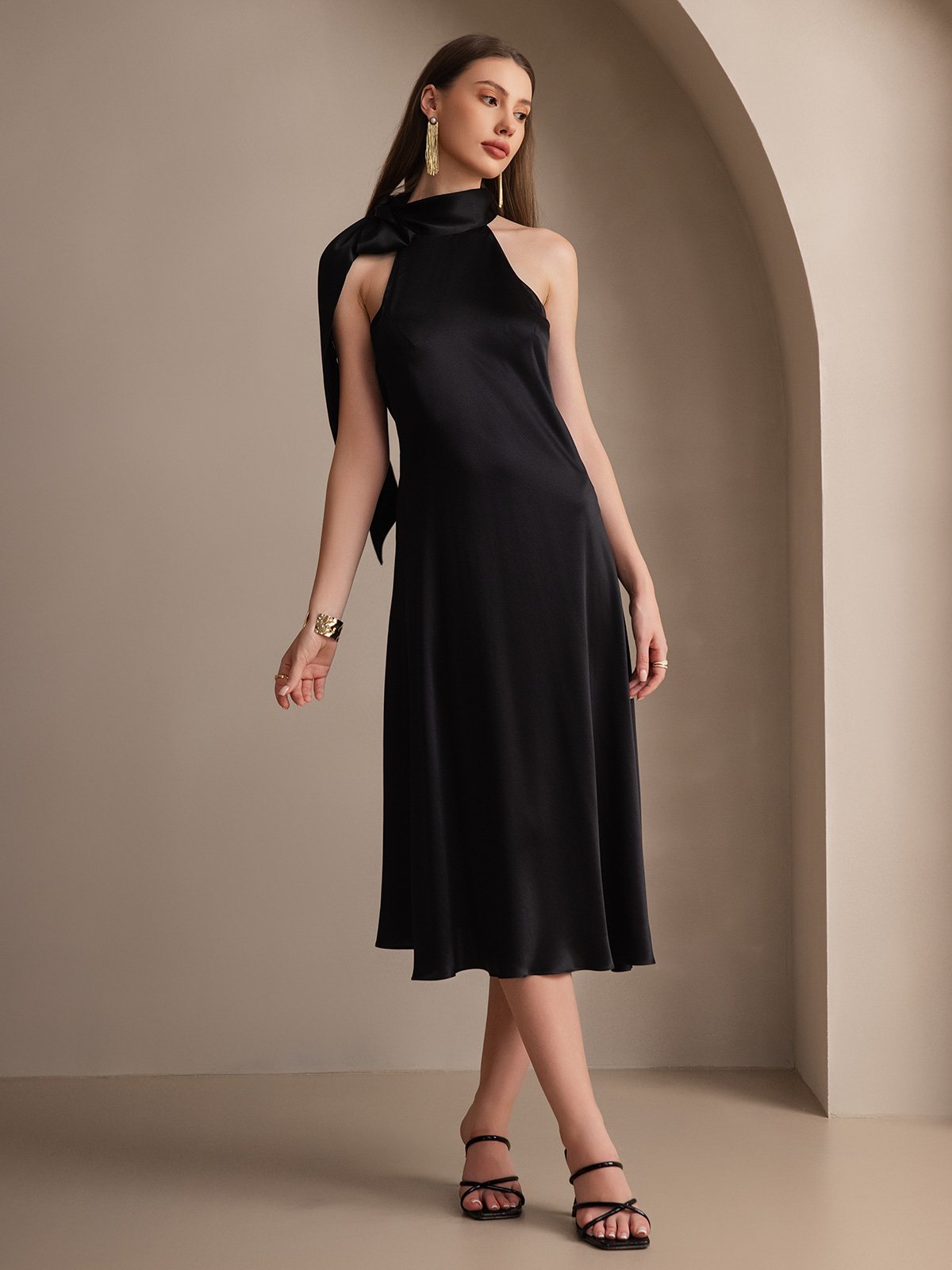 [Black] SilkSilky 19Momme Silk Sleeveless Tie Neck Dress 005