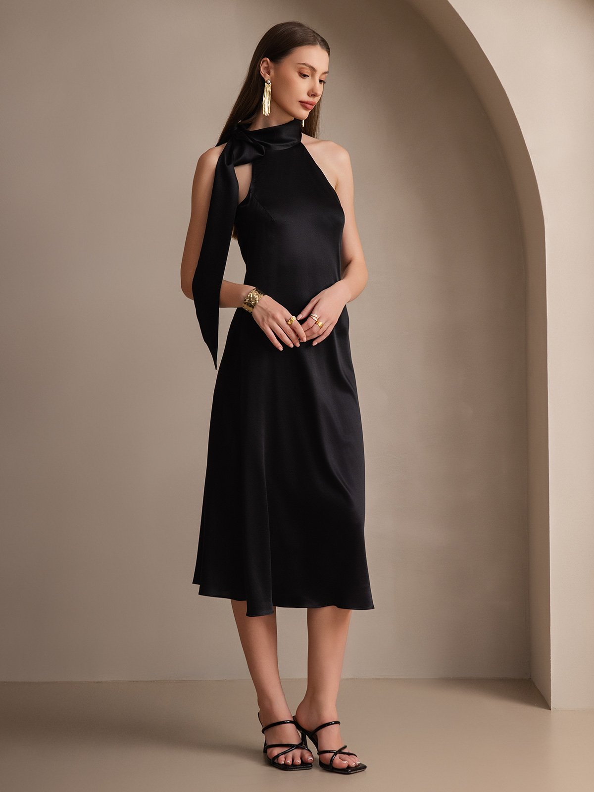 [Black] SilkSilky 19Momme Silk Sleeveless Tie Neck Dress 006
