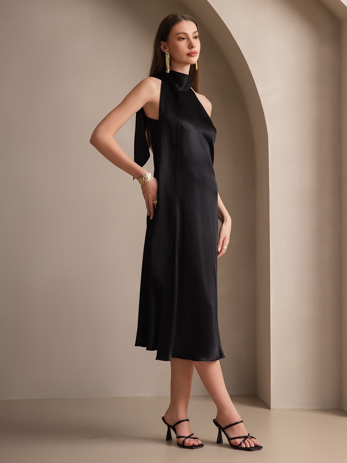 [Black] SilkSilky 19Momme Silk Sleeveless Tie Neck Dress 007