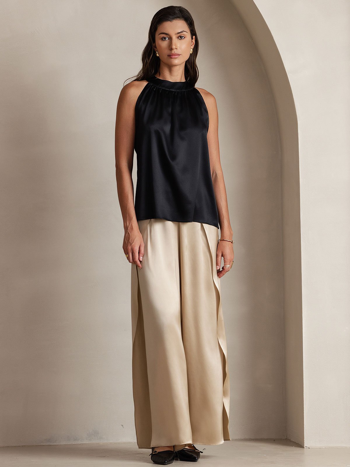 [Black] SilkSilky 19Momme Silk Sleeveless Womens T-Shirt 001