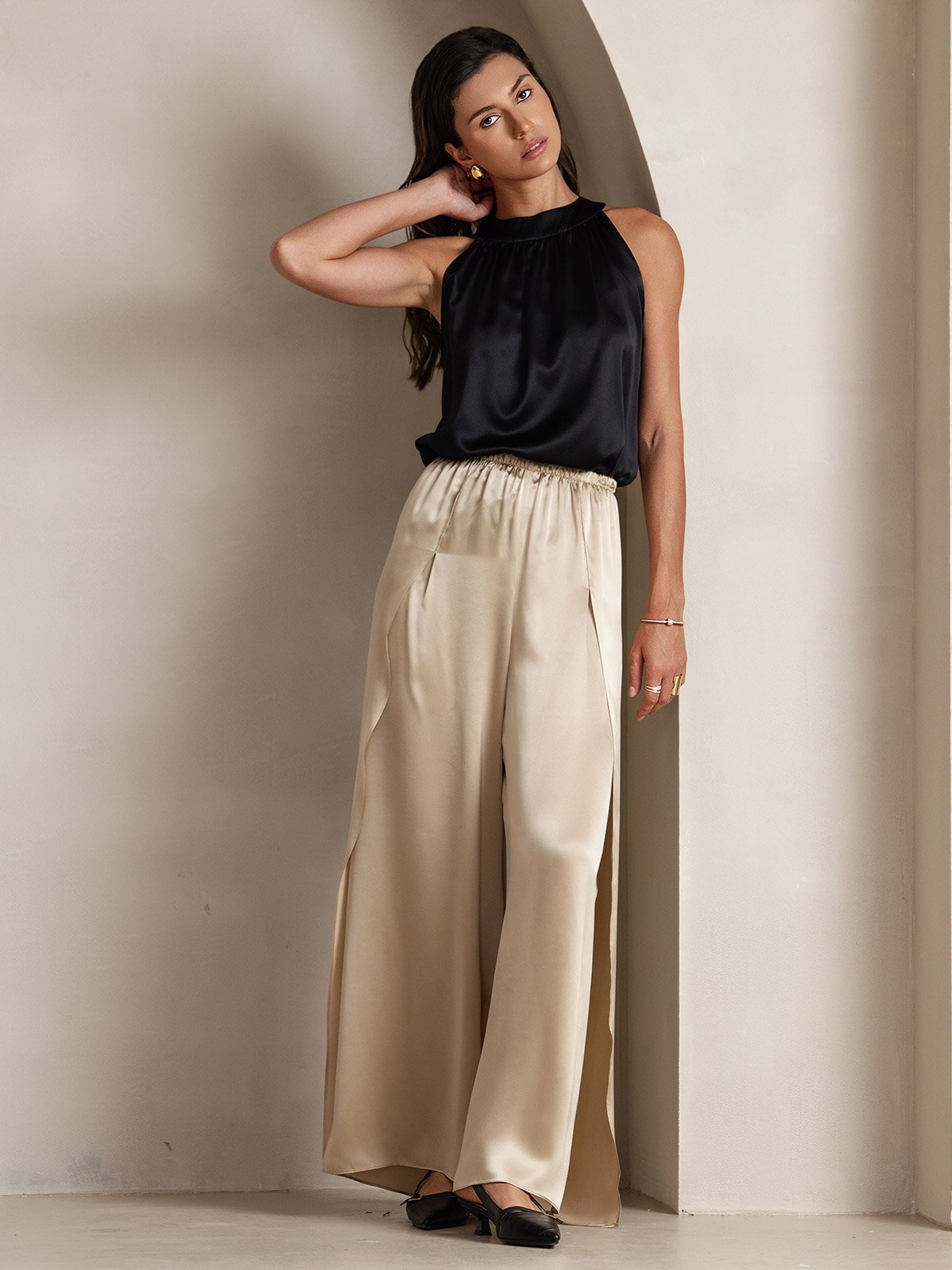 [Black] SilkSilky 19Momme Silk Sleeveless Womens T-Shirt 005