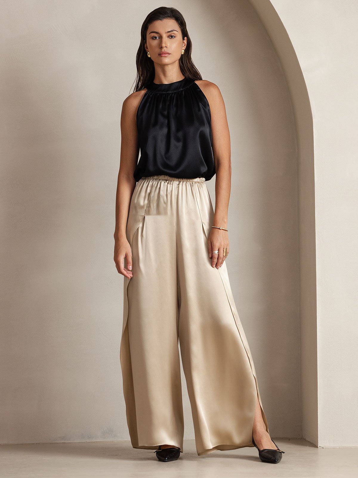 [Black] SilkSilky 19Momme Silk Sleeveless Womens T-Shirt 006