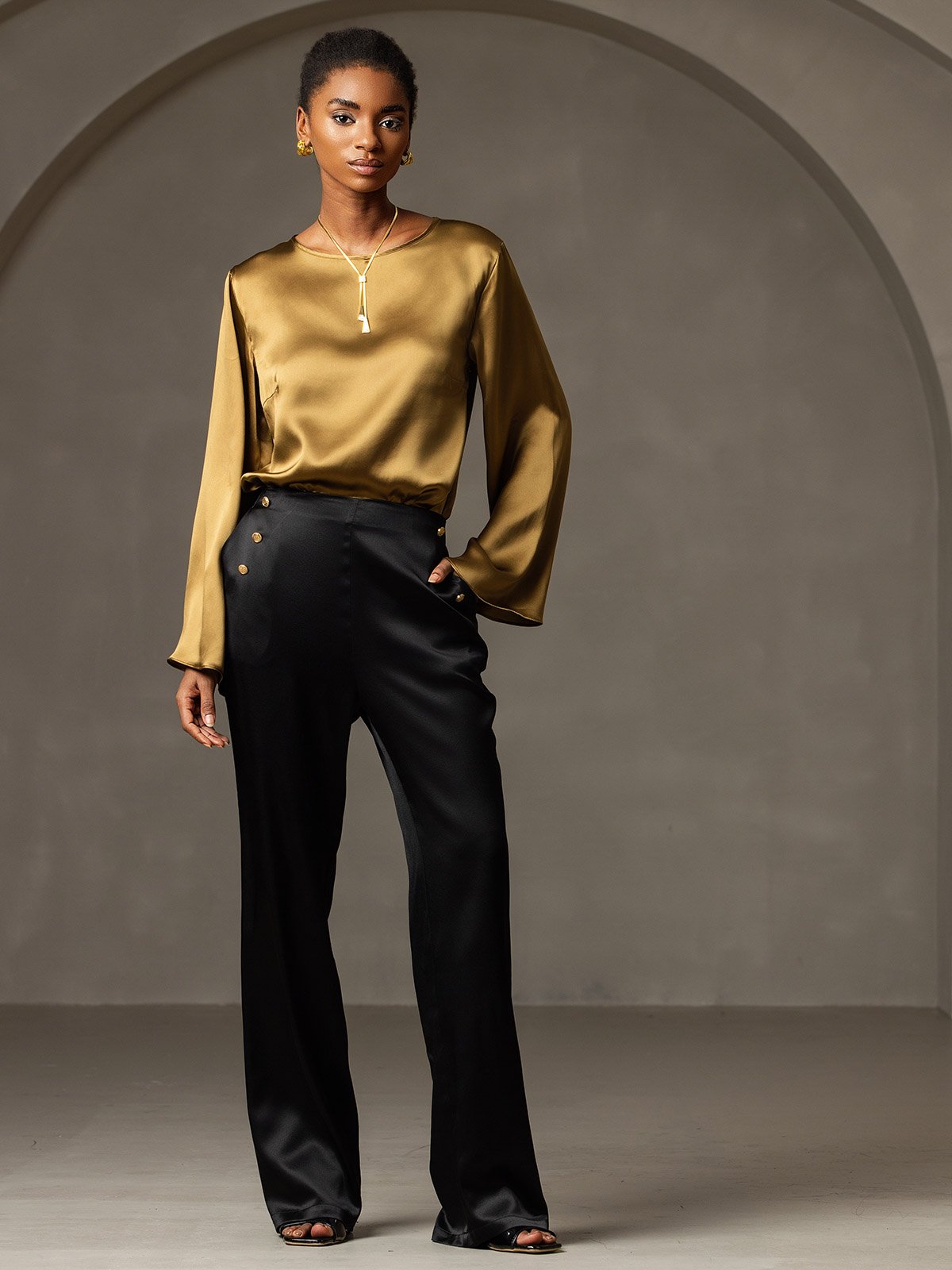 [Black] SilkSilky 19Momme Silk Womens Pants 001