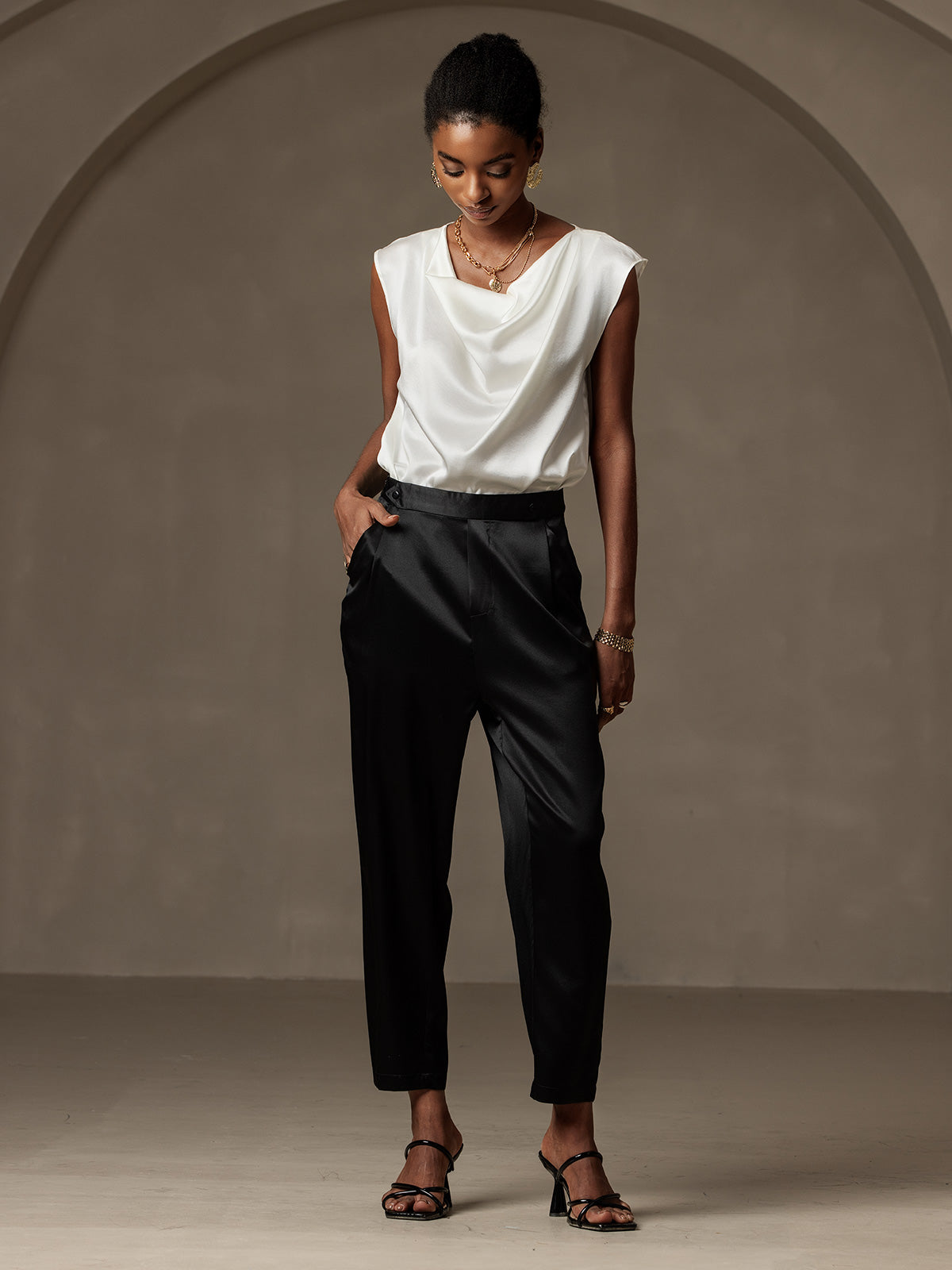 [Black] SilkSilky 19Momme Silk Womens Pants 001