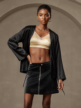 [Black] SilkSilky  19Momme Stretch Silk Charmeuse Long Sleeve Women's Outerwear 001