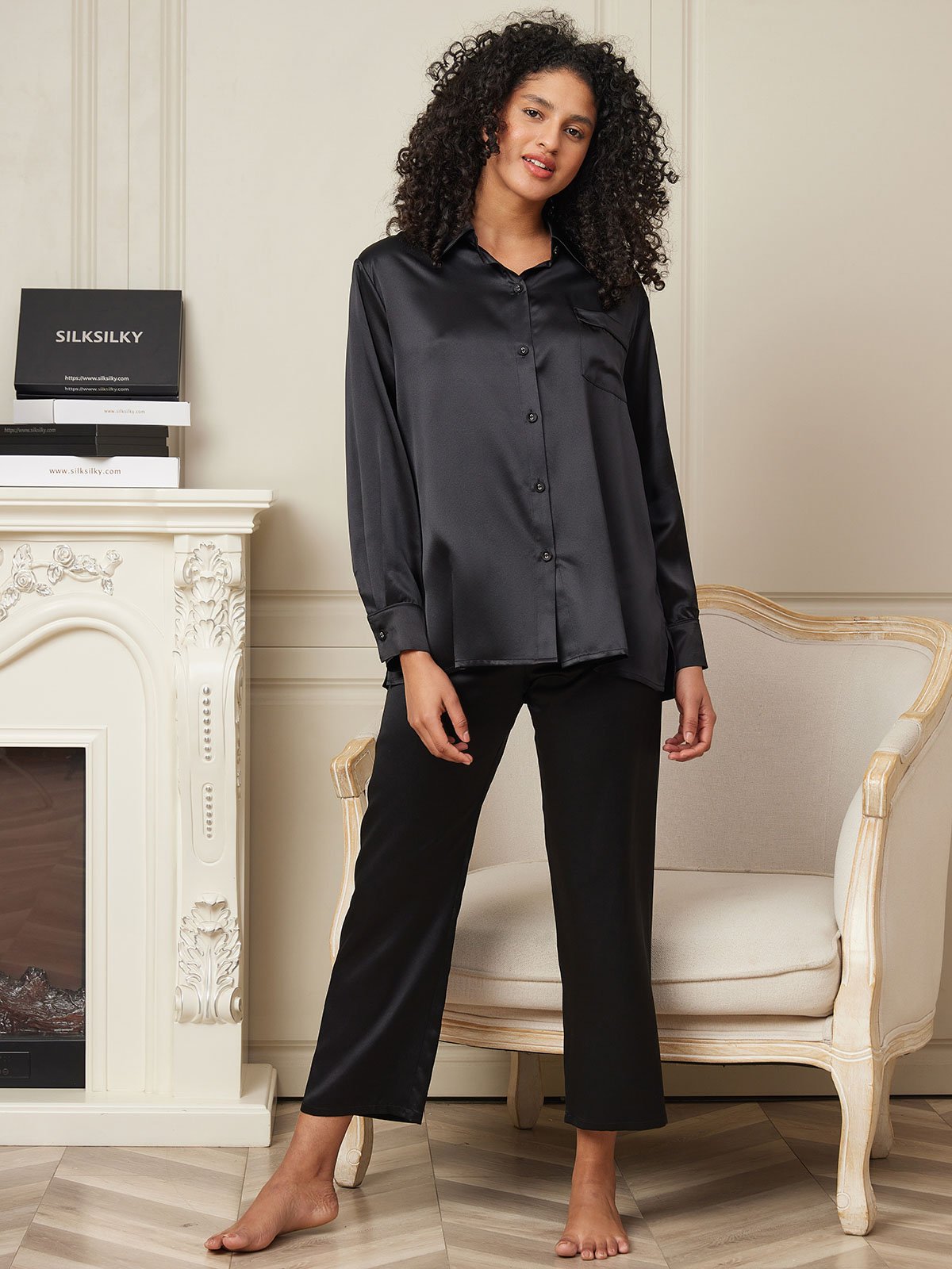 [Black] SilkSilky  22Momme Long Sleeve Women's Pajamas 001