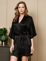 [Black] SilkSilky  3/4 Sleeve V Neck Nightgown&Robe Set 003