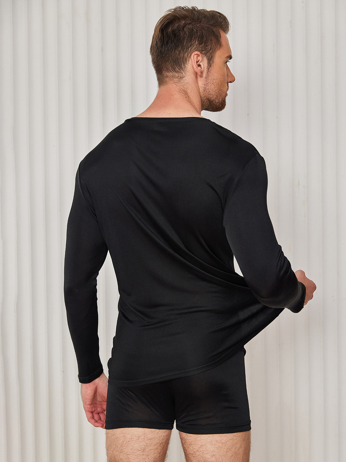 [Black] SilkSilky  Long Sleeve V Neck Men's T-Shirt 002