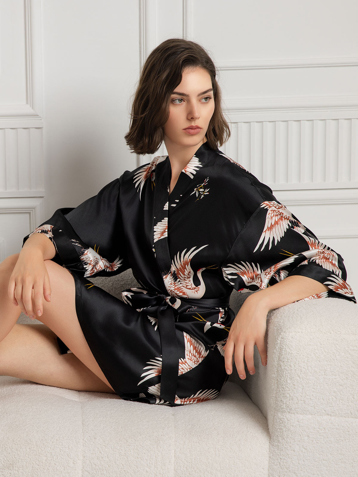 [Black] SilkSilky Pure Silk 3/4 Sleeve Deep V Neck Women's Robe 004