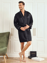 [Black] SilkSilky Pure Silk 3/4 Sleeve Mens Robe 004