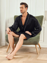 [Black] SilkSilky Pure Silk 3/4 Sleeve Mens Robe 007